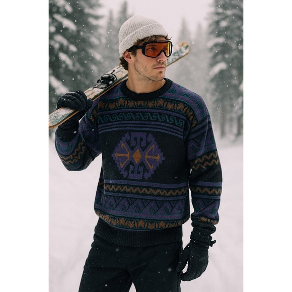 Vintage Meister Ski Sweater Wool Fair Isle Nordic Geometric Men's XL Black Green